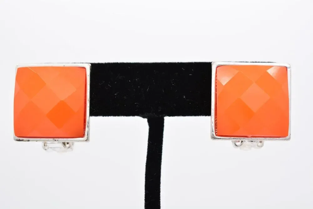 Vintage Lucite Clip On Earrings Faceted Orange Bright Silver Chunky 1990s BinAA